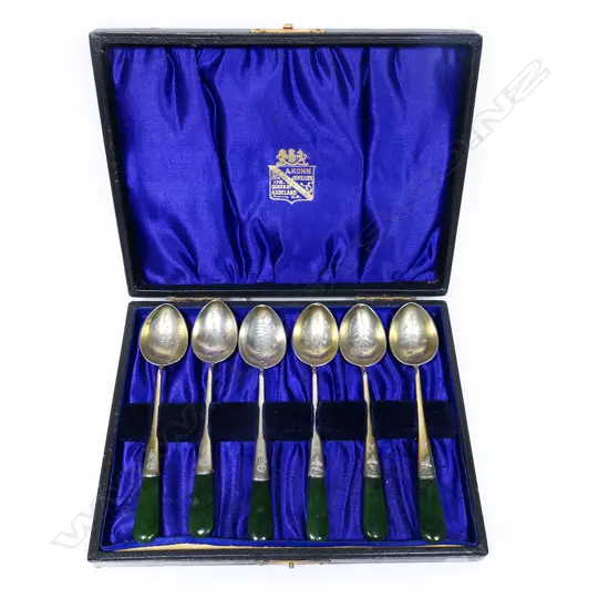 Adolph Kohn (Auckland) set of six silver and pounamu teaspoons,